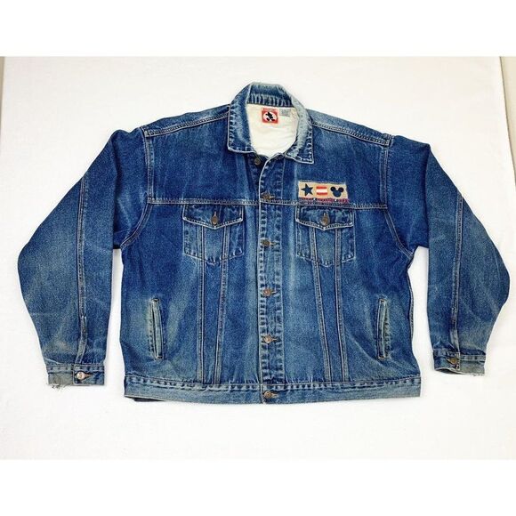 Vintage Mickey Inc Jean Denim Jacket XL Blue Disney American Flag Stars Stripes - Picture 2 of 10